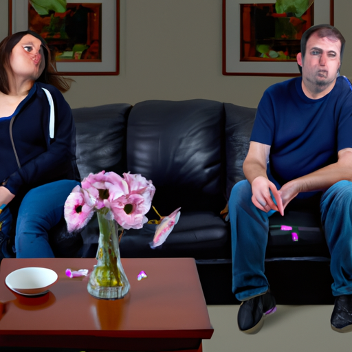 An image that portrays a disinterested couple sitting on opposite ends of a couch, avoiding eye contact