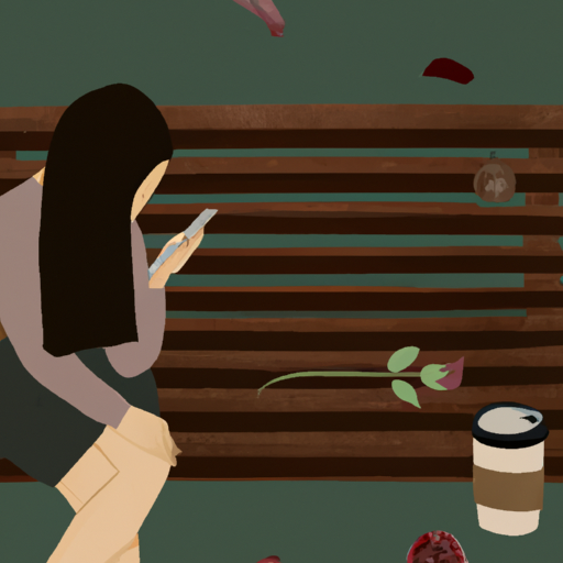 An image that captures a woman sitting alone on a park bench, her body turned away as she gazes at her phone, untouched coffee beside her
