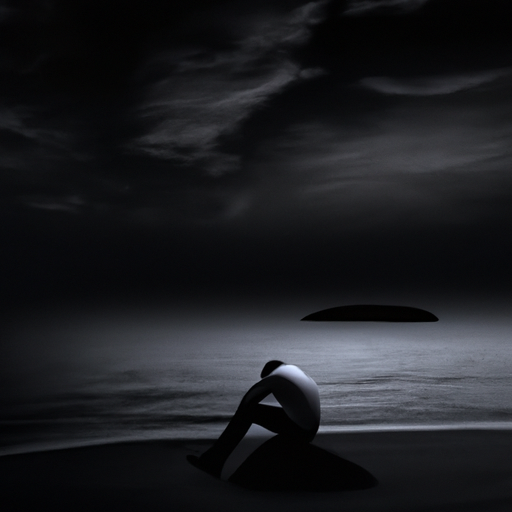 An image depicting a person sitting alone on a barren island, surrounded by a vast ocean, while their silhouette fades into darkness