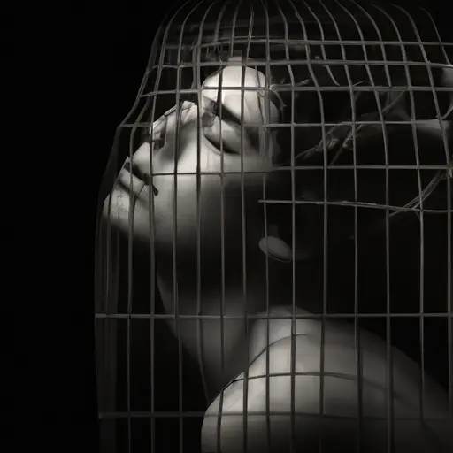 An image capturing the silent anguish of a person, isolated and caged within a suffocating darkness