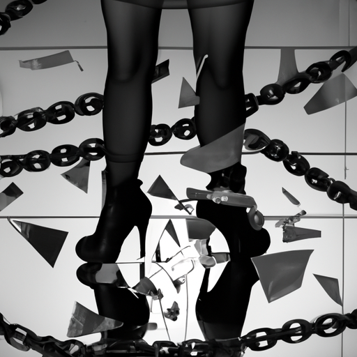 An image showcasing a woman standing on a cracked glass floor, with her reflection shattered beneath her feet