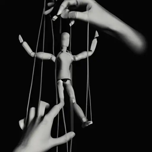 An image of two intertwined hands, one with visible bruises and the other wearing a controlling puppeteer's strings