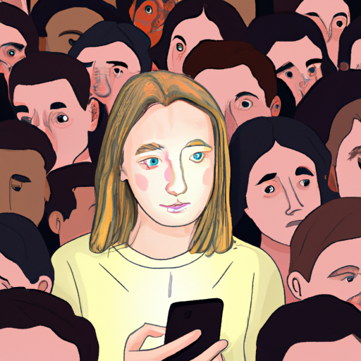 An image showcasing a woman surrounded by a crowd, frantically checking her phone for notifications, with a visible expression of anxiety and anticipation, highlighting her constant need for external validation and approval