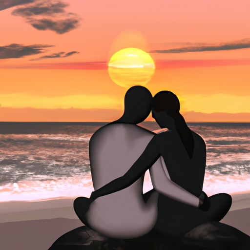 An image depicting a serene sunset beach scene, where a couple sits cross-legged, facing each other, eyes closed, hands gently touching, surrounded by a soft glow, symbolizing their deepened spiritual bond