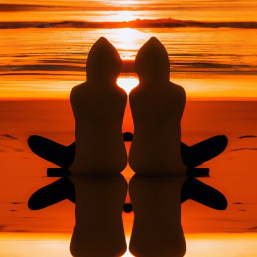 An image showcasing two silhouettes sitting cross-legged on a serene beach at sunset, facing each other with closed eyes and hands gently touching, emanating a soft golden glow that intertwines and envelops them in a shimmering aura of interconnectedness