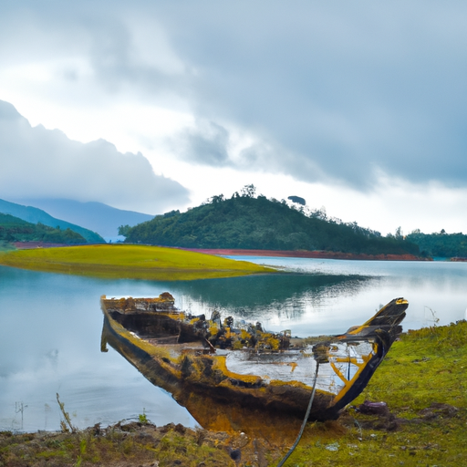 An image of a serene lake, surrounded by lush green mountains, with a small wooden boat floating aimlessly