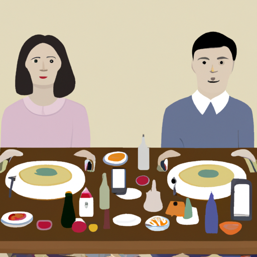 An image depicting a couple sitting on opposite ends of a long dining table, their faces expressionless, eyes avoiding contact