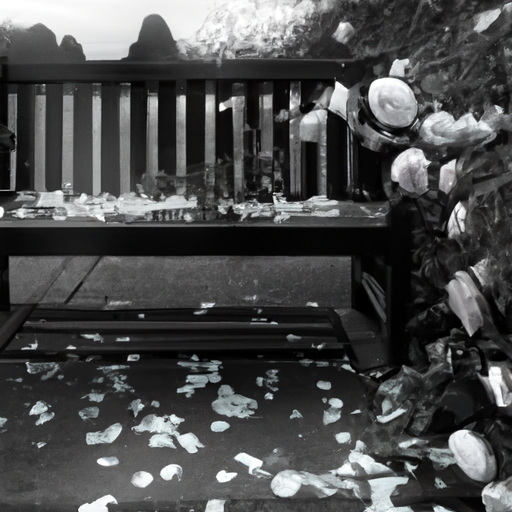An image capturing the desolation of an empty park bench surrounded by wilted flowers and fallen leaves, symbolizing the absence of love and the inevitable end of a relationship