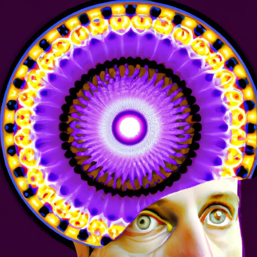 An image of a mesmerized individual, eyes wide open, gazing at a captivating brain-shaped kaleidoscope
