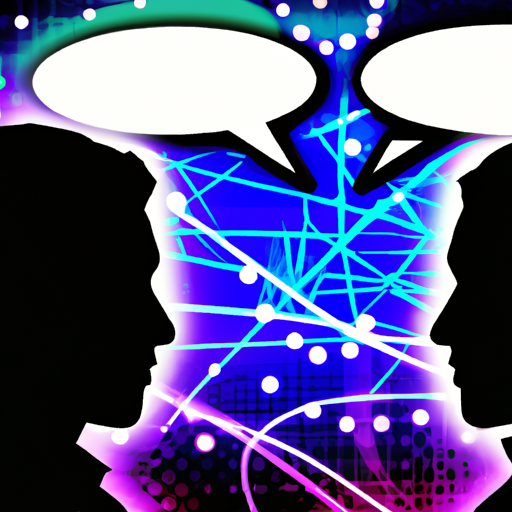 An image showcasing two silhouettes engrossed in deep conversation, surrounded by vibrant thought bubbles intertwining their minds