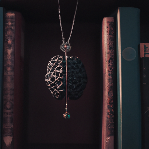 An image showcasing an intricate brain-shaped necklace hanging delicately on a vintage bookshelf, surrounded by a dimly-lit room filled with books, highlighting the allure of intellectualism and sapiosexuality