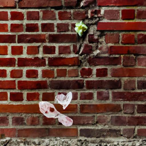 An image of a half-erased heart-shaped graffiti on a crumbling brick wall, with fading footsteps leading away