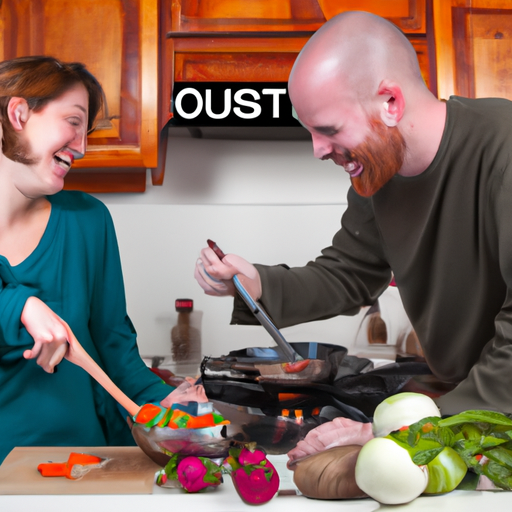 An image showcasing a couple joyfully cooking together in a tidy kitchen, as the man confidently chops vegetables while the woman stirs a pot on the stove