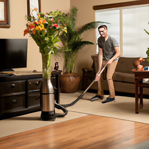 An image showcasing a man confidently vacuuming the living room, while his partner smiles with appreciation, surrounded by a neatly organized space, fresh flowers, and a serene atmosphere