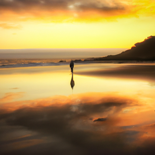 An image of a serene beach at sunset, where a solitary figure sits on the sand, gazing at their reflection in a calm tide pool