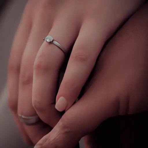An image capturing two intertwined hands, showcasing matching wedding bands, with subtle creases and calluses, gently revealing the story of shared experiences and unwavering commitment