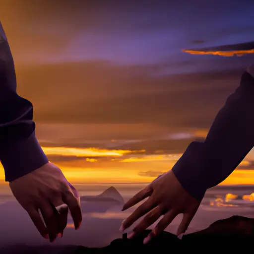 An image capturing a couple standing on a mountaintop, gazing at a breathtaking sunset