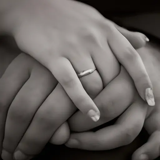 An image showcasing a man's unwavering commitment through his consistent presence: capture a close-up of intertwined hands, adorned with matching wedding bands, gently cradling each other, emphasizing trust, reliability, and love