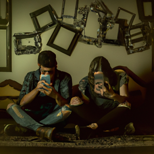 An image that portrays a couple sitting in a dimly lit room, surrounded by shattered picture frames and discarded phone calls, as they stare blankly at their phones, emphasizing the increasing alienation from friends and loved ones due to jealousy