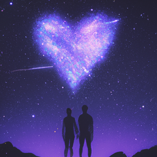 An image showcasing a serene night sky filled with shimmering stars, where a shooting star streaks across, forming a heart-shaped constellation