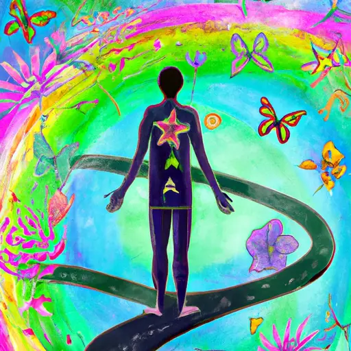 An image depicting a person standing at a crossroad, their hand placed on their stomach, radiating vibrant energy