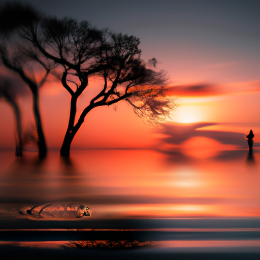 An image of a solitary figure standing on the edge of a serene lake, their silhouette blending with the vibrant colors of a breathtaking sunset, symbolizing the profound connection between two souls transcending earthly boundaries