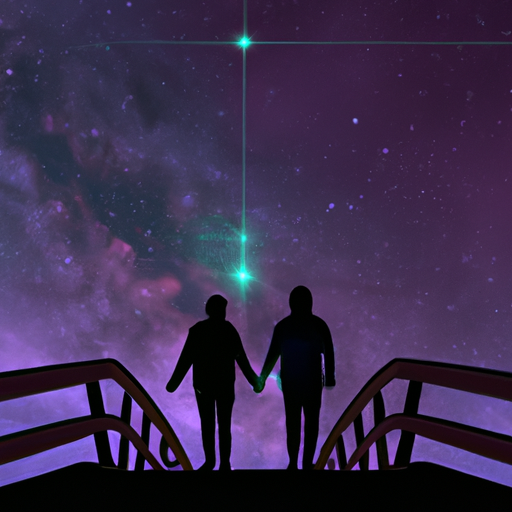 An image featuring two silhouettes holding hands, standing on a bridge, with a glowing night sky above