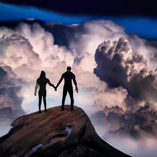 An image depicting a couple holding hands, standing atop a mountain peak, united against a stormy sky