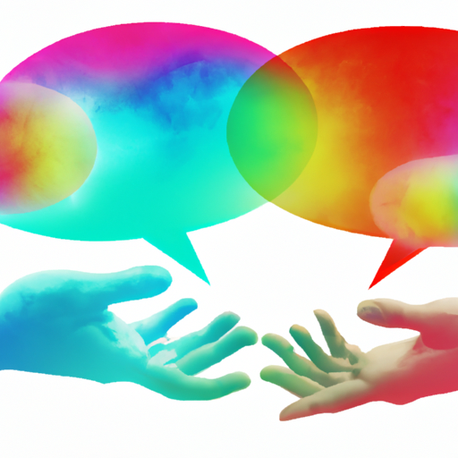 An image showcasing two hands gently cupping each other, between them a vibrant spectrum of colorful speech bubbles flows, symbolizing effective communication