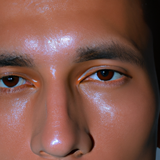 An image showcasing a close-up of a male model's face, with subtle contouring emphasizing his cheekbones, groomed eyebrows framing his eyes, and a hint of rosy blush to enhance his natural glow