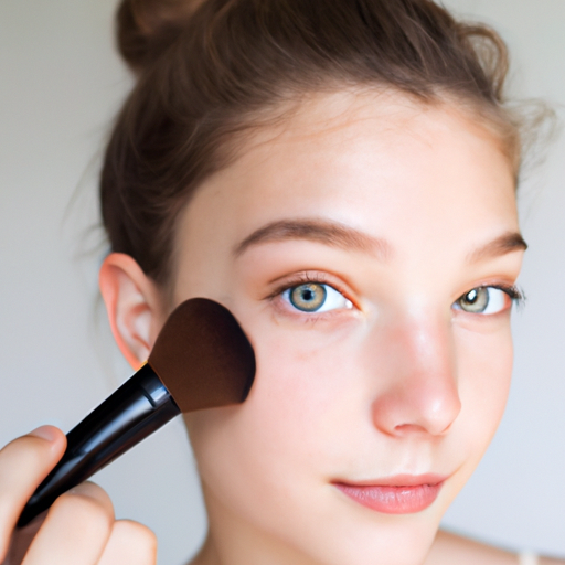 An image showcasing a young woman with flawless skin, gently applying a sheer foundation with a makeup brush