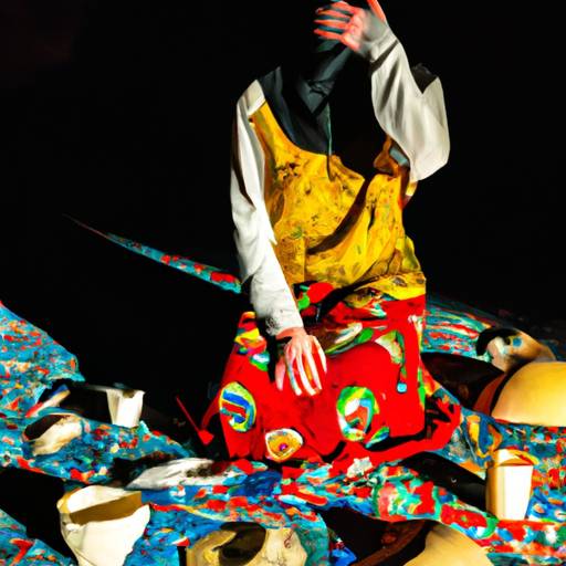 An image of a solitary figure wearing mismatched clothing, surrounded by broken dishes and scattered objects, their face obscured by shadows
