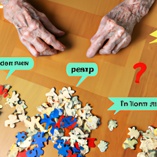An image of an elderly person sitting at a table, surrounded by scattered puzzle pieces, struggling to form coherent sentences