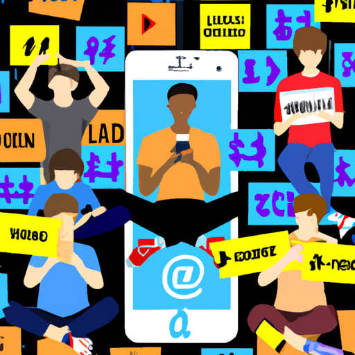 An image depicting One Direction's social media and publicity guidelines, showcasing a group of young men surrounded by phone screens displaying hashtags, emojis, and a variety of social media platforms, illustrating their strict rules and public image control