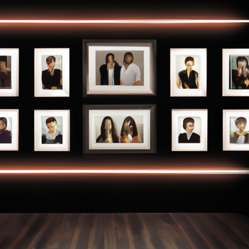 An image showcasing One Direction's dating and relationship policies: a dimly lit room with a line of framed photographs displaying the band members with their partners, symbolizing the strict rules they had to adhere to in their personal lives