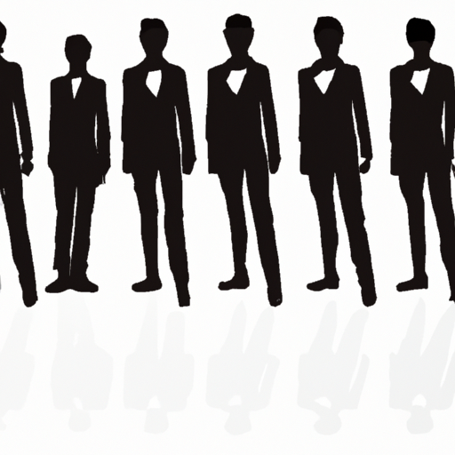 An image depicting five silhouettes of One Direction members, impeccably dressed, standing in a line, facing forward