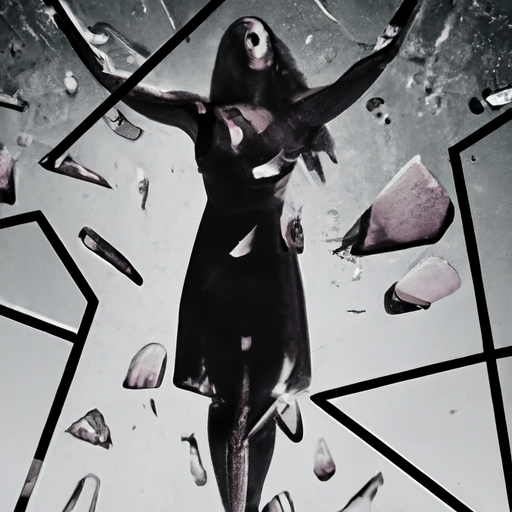 An image showcasing a powerful silhouette of a woman standing tall with unwavering confidence, surrounded by shattered glass, symbolizing her unyielding standards that refuse to be compromised