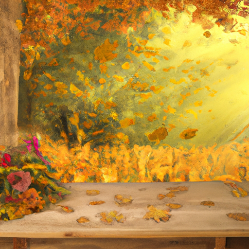 An image of a serene autumn landscape with golden leaves gently falling, surrounding a rustic wooden table adorned with a bouquet of vibrant flowers, symbolizing gratitude