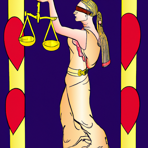 An image showcasing the Justice tarot card, upright and reversed, depicting a balanced scale held by a strong, blindfolded woman