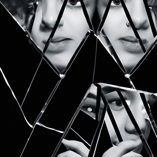An image illustrating a shattered mirror reflecting a distressed individual, whose fragmented reflection reveals a distorted, manipulative figure lurking behind, symbolizing the torment of gaslighting and its devastating impact on one's sanity