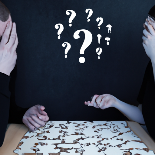 An image of two people sitting at a table, their faces filled with frustration and confusion as they attempt to communicate, their hands gesturing in different directions, while a wall of misaligned jigsaw puzzle pieces separates them