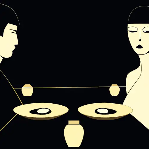 An image depicting a couple sitting on opposite ends of a long, empty dinner table, their eyes reflecting a profound emptiness as their lips remain sealed, symbolizing the destructive power of unspoken words in marriages