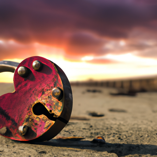 An image of a shattered heart-shaped lock, lying on a desolate beach at sunset