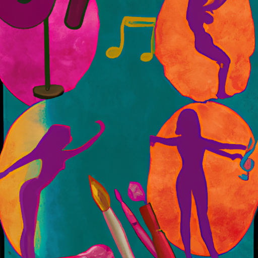 An image showcasing a vibrant and diverse collage of artistic mediums, such as paintbrushes, musical notes, pens, and dance silhouettes, symbolizing Gemini's versatility and expressive nature