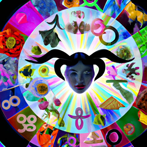 An image showcasing a vibrant, celestial collage with each Zodiac sign represented by their respective symbol and surrounded by a halo of colorful rays, embodying the unique positive personality traits of each sign