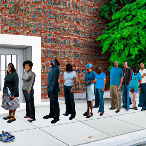 An image showcasing a diverse group of individuals waiting in a long, winding line outside a mental health clinic, with subtle differences in the treatment they receive based on their race, highlighting the disparities in access and treatment