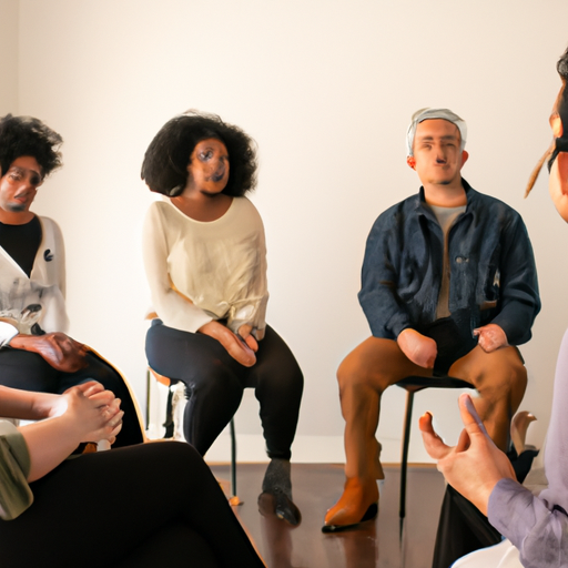 An image showcasing a diverse group of individuals sitting in a circle during a therapy session, with a focused Black psychologist leading the discussion, symbolizing the reality of racism in the mental health industry