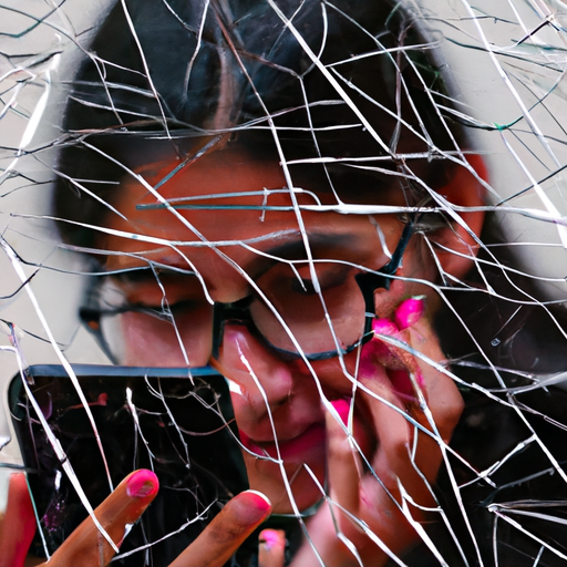 An image depicting a person with a cracked phone screen, anxiously peering through the shattered glass at their ex's vibrant social media life, while their own profile remains stagnant and uninteresting