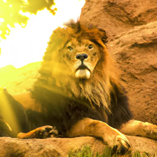 An image showcasing a majestic lion basking under a scorching sun, its golden mane radiating fiery hues