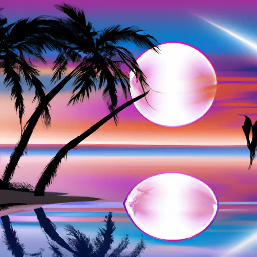 An image showcasing a serene beach at sunset, where a gentle breeze rustles the palm trees